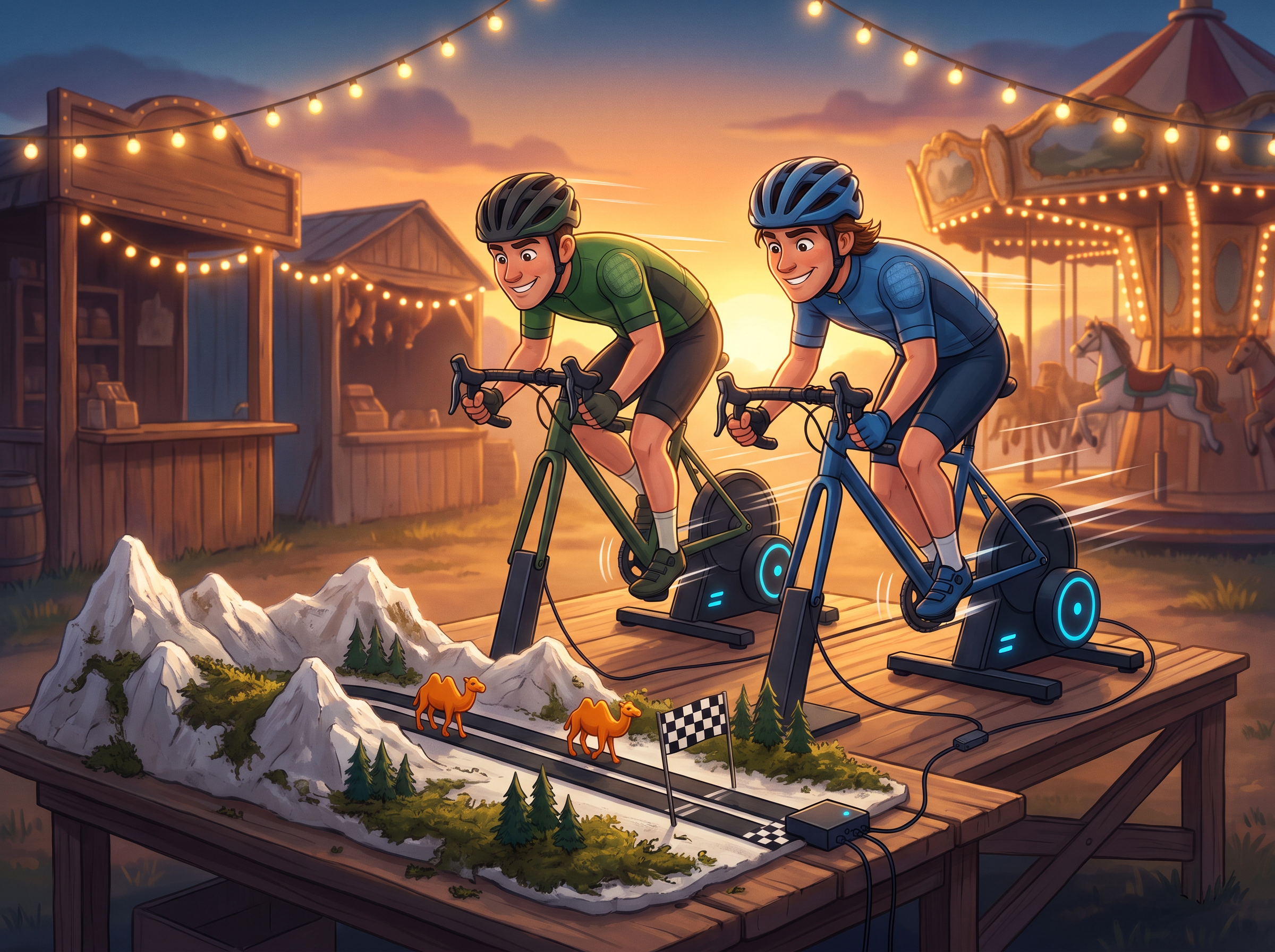 Twee fietsers in groen en blauw racen tegen elkaar op hometrainers, verbonden met de racebaan met kamelen